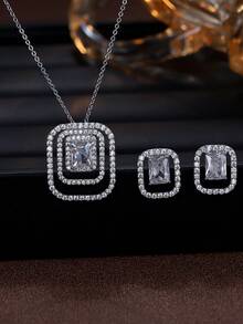 Bộ 2 món dây chuyền và bông tai hình vuông hình học tối giản đính đá Zirconia, thiết kế độc đáo, trang sức tinh tế thích hợp cho các bữa tiệc, làm quà tặng hoặc đeo hàng ngày. - bộ dây chuyền bông tai - Xem 7