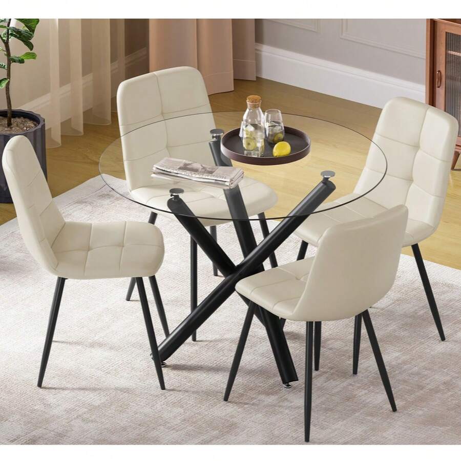 Dining Table And Chairs Set Of 4, Round Dining Table With Performance Fabric Chairs For Dining Room,Kitchen,Living Room