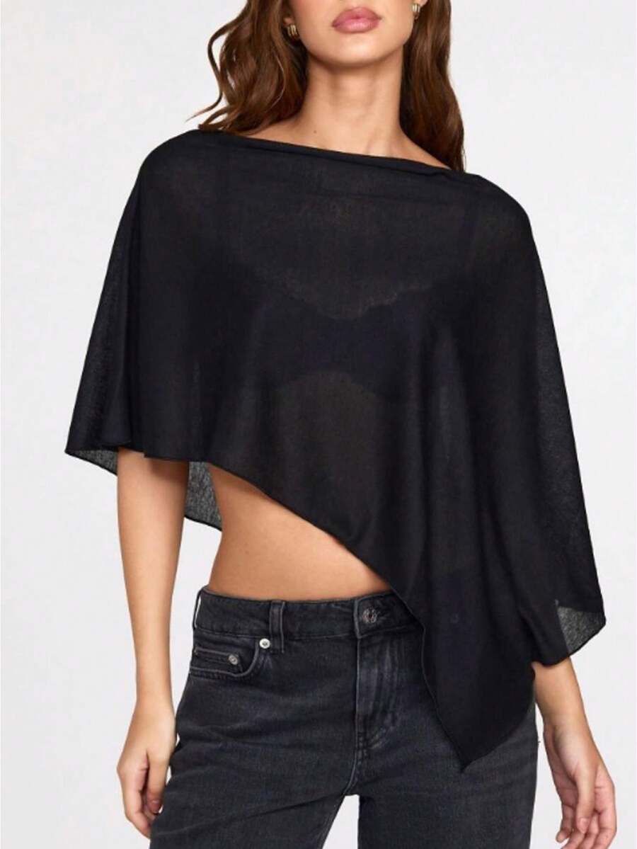 Women Knit Poncho Loose Solid Boat Neck Asymmetrical Coverup Tops Casual Shrug Sweaters - Black - View 1