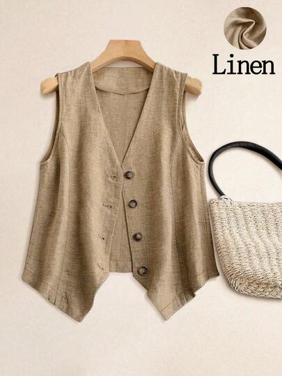 Chaleco de lino informal para mujer, estilo corto para primavera y vacaciones de verano