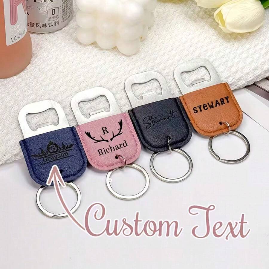 Custom Engraved PU Leather Bottle Opener Keychain, Personalized Beer Bottle Opener Keychain With Name/Text, Portable Stainless Steel Bottle Opener Keychain, Unique Gift For Him, Dad, Husband, Birthday And Father's Day - Multicolor - View 1