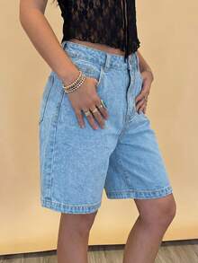 女士黑色高腰宽松休闲牛仔短裤 - 时尚百搭，适合日常穿着、外出、约会、街头风格 - 淺色水洗藍 - 查看 7