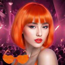 Colorful Rainbow Neon Bob Wig & Fashion Glass Cosplay Wigs With Gradient Color Wig,Showcases A Distinctive Style,Synthetic Wig For Costume Hair For Anime Themed Events, Birthday Parties,Neon Party Favors - 橘色 - 查看 1