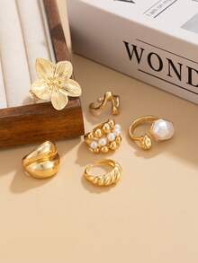 6pcs/Set Elegant Geometric Irregular Faux Pearl Inlaid Metal Flower Charm Stackable Rings Set, Luxurious Jewelry For Wedding, Party, Vacation, Daily Casual, Street Style, Women & Couples Gift - Ring - View 5