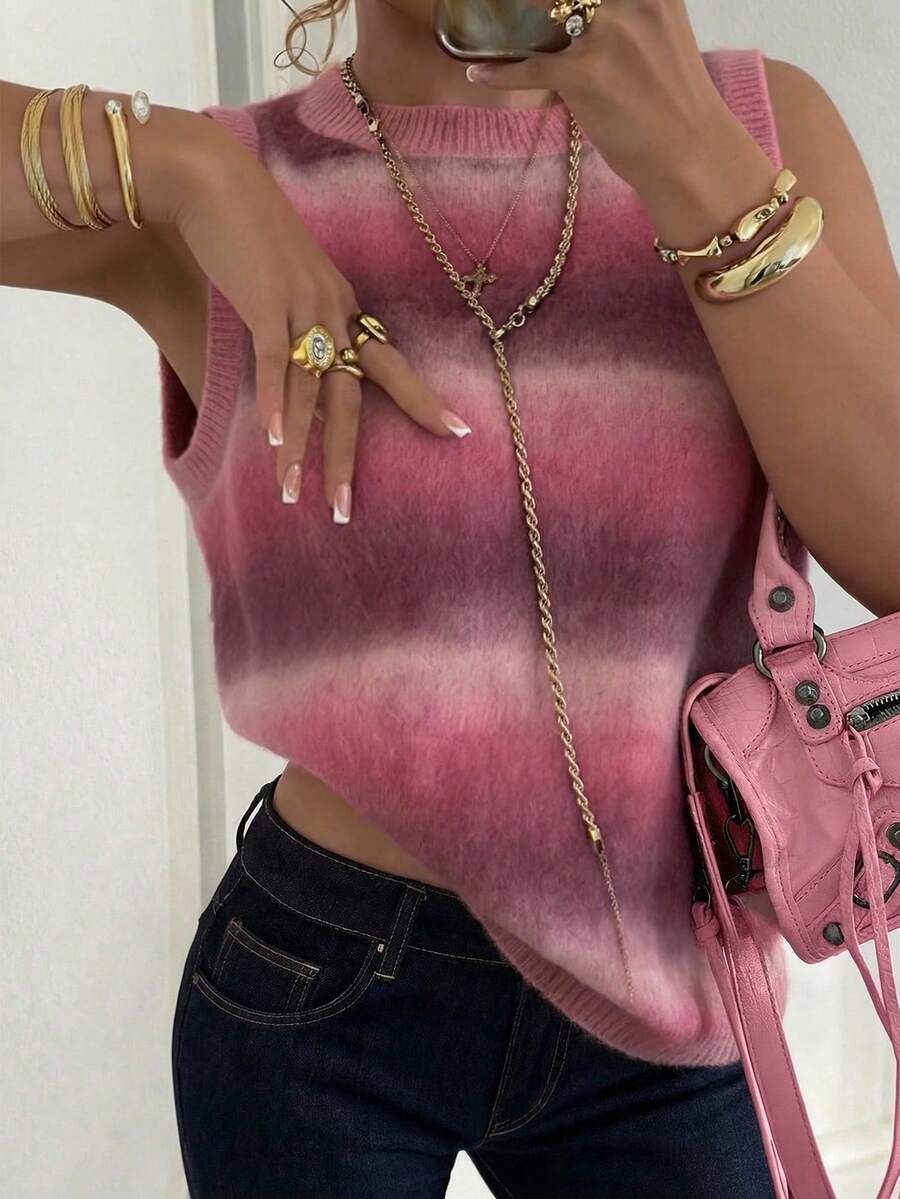 Live To Mo 粉色条纹渐变圆领无袖女士休闲夏季针织背心，适合夏季日常休闲穿着 - 粉色 - 查看 1