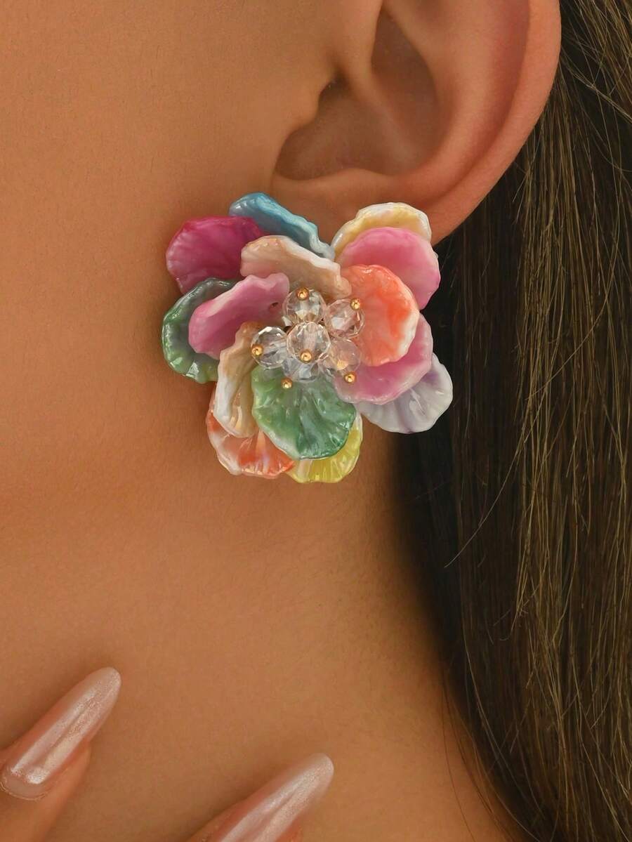 1 par de pendientes florales acrílicos minimalistas y lindos para mujeres (color de pétalo aleatorio) - Multicolor - Ver 1