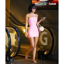 New Fashion Sexy Solid Color Bandage U-Neck Stretch Ribbed Slim Fit Camisole Bodycon Dress For Women - Pink - View 8