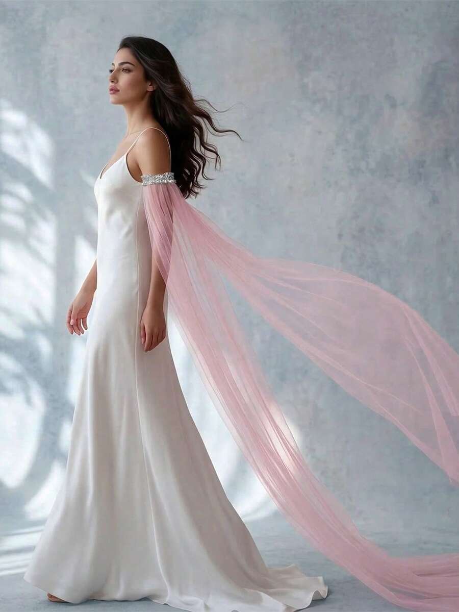 2pcs Solid Color Sequin Cuff Sleeves, Floor-Length Sheer Fabric, Suitable For Bride Wedding, Wedding Photography, Beach Vacation, Party Dress Accessories,Summer - 淺粉色 - 查看 1