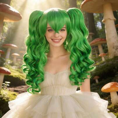亮绿色卷曲双马尾假发 – 易于造型 | 长款波浪卷发假发，带刘海，适合节日、哥特萝莉装扮、舞台表演、摄影、派对和日常穿搭，耐热合成纤维，带双马尾和刘海