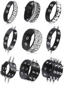1/9 piezas Pulsera de cuero negro con remaches de estilo punk, brazalete de metal, muñequera unisex - Multicolor - Ver 3
