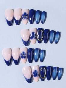 24pcs Almond Shaped 3D Gel Nail Stickers, Floral Nail Art Design, French Tip Style, Medium Size Metal Decor, Pearl Accent, Acrylic Nail Tips, Includes: 1pc Gel And 1pc Nail File. Almond Shaped French Nail Stickers, Suitable Women's Daily Work, Festivals And Parties. Nails Nail Supplies - 彩色 - 查看 11