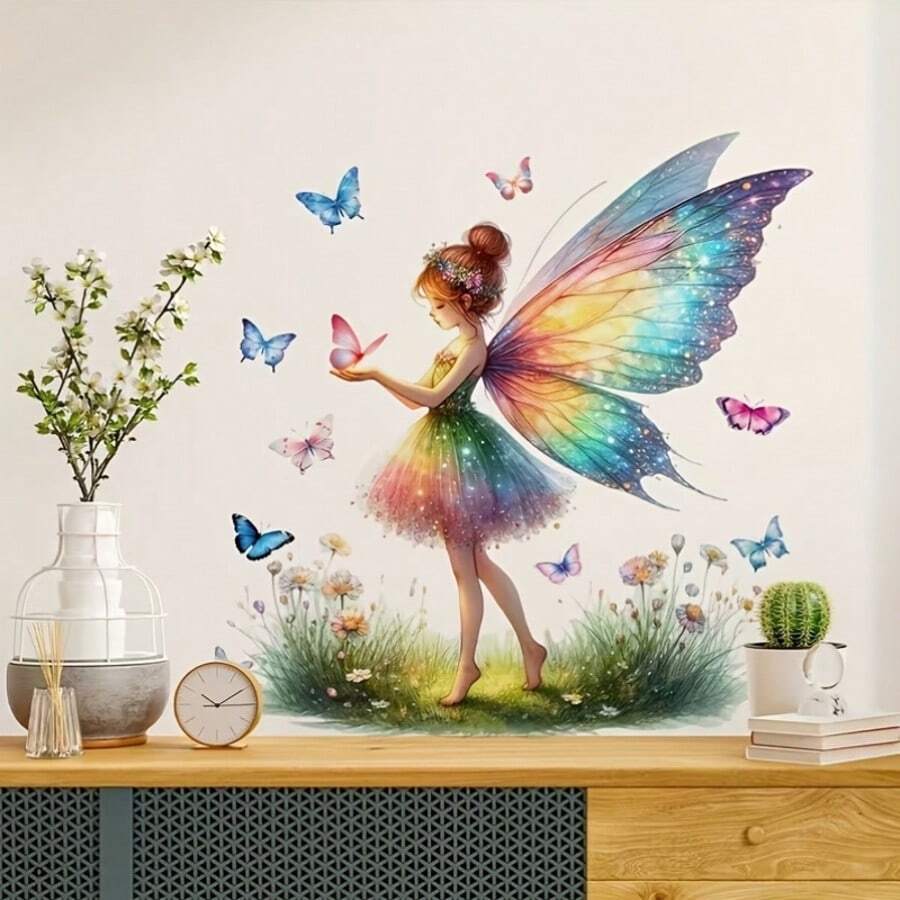 1pc Dreamy Rainbow Butterfly Fairy & Pink Heart Girl Wall Sticker, Glossy PVC Material, Suitable For Home Living Room Wall, Self-Adhesive Removable, Creates Romantic Atmosphere Decor Sticker - Multiple Styles - View 1