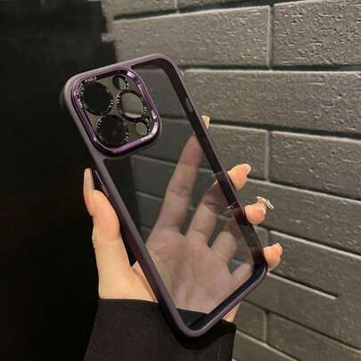 DECOPHONE Funda de teléfono transparente con marco de metal y lente púrpura, cubierta protectora acrílica a prueba de golpes minimalista, unisex, adecuada para la serie 16/15/14/13/12 Pro Max