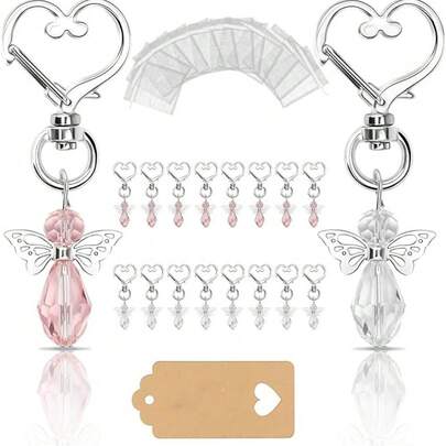 30set Of Crystal Guardian Angel Keychain Angel Pendant With DIY Tag Organza Bag Guest Return Gift Birthday Christening Wedding Small Gift (Pink + White)