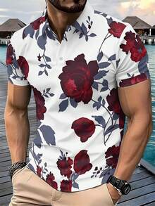 A Men's Casual And Easygoing Knitted Polo Shirt, Kind And Timeless, With White Base And Burgundy Floral Print, Suitable For Summer Vacations And Trips, Ideal Gift For Brothers. - Nhiều màu - Xem 1