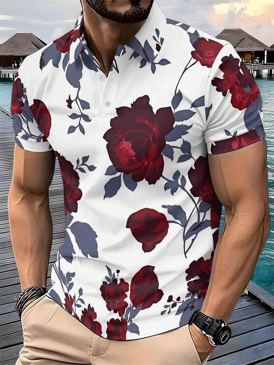 A Men's Casual And Easygoing Knitted Polo Shirt, Kind And Timeless, With White Base And Burgundy Floral Print, Suitable For Summer Vacations And Trips, Ideal Gift For Brothers. - Nhiều màu - Xem 1