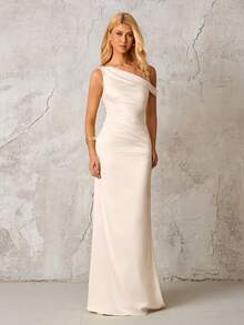 Open Shoulder Ruched Mermaid Hem Elegant Formal Evening Gown (Zipper, Sexy) Party Spring Wedding - Apricot - View 5