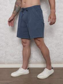 Men's Bermuda Shorts In Twill Fabric With Elastic Waistband - 藍色 - 查看 4