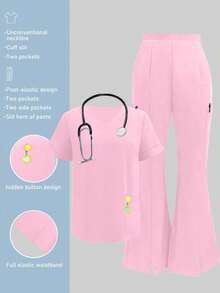 1 Set Solid V-Neck Short Sleeve Top And Split Pants, Pocket Workwear Scrub Suit For Veterinary Hospital, Clinic, Private Care Pink Fall - Pink - View 1
