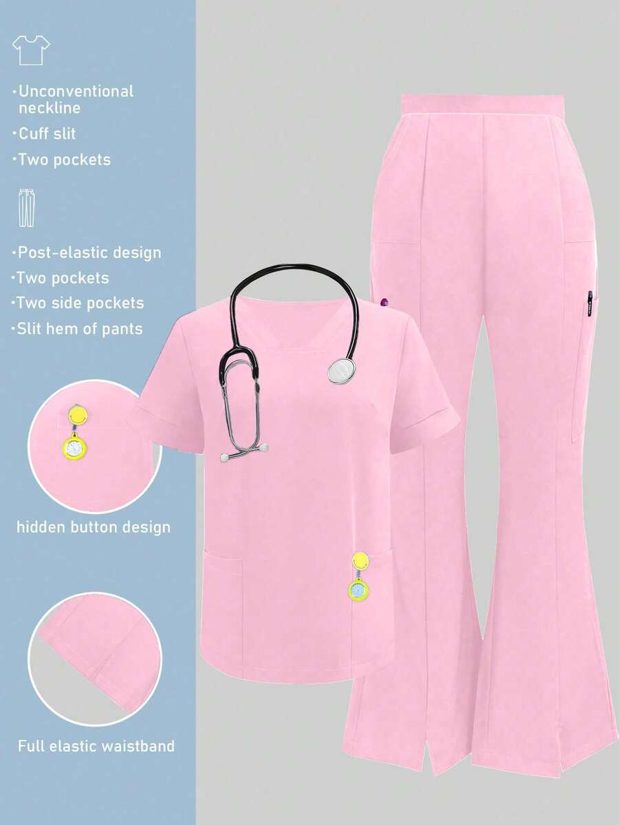 1 Set Solid V-Neck Short Sleeve Top And Split Pants, Pocket Workwear Scrub Suit For Veterinary Hospital, Clinic, Private Care Pink Fall - Pink - View 1