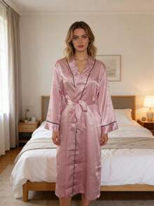 1pc Women's Elegant And Luxurious V-Neck Belted Design Robe, Fall, Winter - Baby Pink - View 2