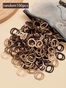 100pcs Basic Coffee Color Seamless Small Spiral Hair Ties, Suitable For Daily Ponytail, Bun, Pigtails, All Seasons, Fashionable Hair Accessory Gift, Ideal For Outings, Parties, Beach Vacations, Dates, Commuting, Easy Styling, Practical Item! Scrunchie Elastic Hair Ties - Brown - View 8
