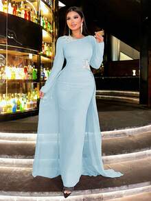 CHOSMO Women's Elegant Long Dress Birthday Party Gown New Year Outfit Christmas Party Dress New Wedding Guest Dress Formal Solid Color Heavy Fall - Baby Blue - View 2