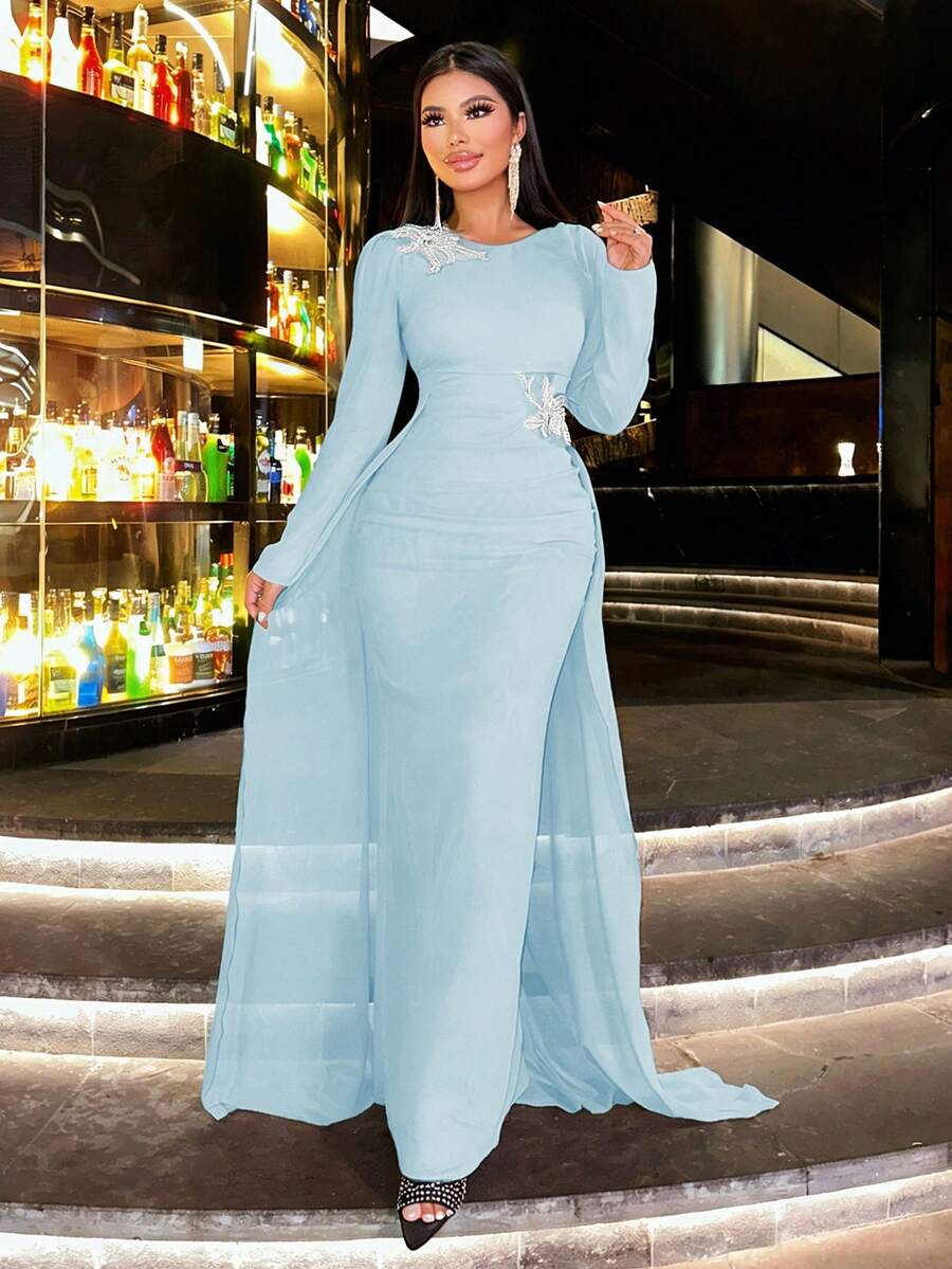 CHOSMO Women's Elegant Long Dress Birthday Party Gown New Year Outfit Christmas Party Dress New Wedding Guest Dress Formal Solid Color Heavy Fall