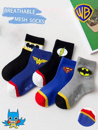 DC Comics 5 Pairs Of Genuine DC Children's Socks - Superhero Mesh Children's Mid-Calf Socks - Korean Version Cartoon Boys' Summer Socks - Breathable Baby Student - Student Baby Socks - Floor Socks
