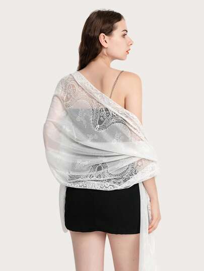 1pc Women's Lace Hollow-Out Jacquard Solid Color Scarf, Lightweight Soft Elegant Shawl Headscarf, Versatile Long Chiffon Scarf Wrap For Wedding, Festival, All Seasons