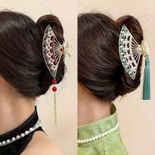 1 pieza Clip de pelo con abanico decorado con perlas y borlas de estilo vintage, elegante pinza de pelo para peinado de moño, adecuado para qipao, hanfu, uso diario, fiestas, fotografía, cumpleaños, San Valentín, Acción de Gracias, verano, vacaciones, viajes - Multicolor - Ver 2