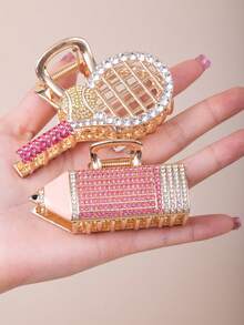 1 Piece Women's Unique Design Pencil Tennis Racket, Rhinestone-Embellished, Fashionable Cute Cartoon Half-Up Hair Claw Clip Hair Accessory Hairpin - Multicolor - View 2