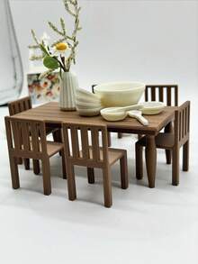 Mesa de Jantar Miniatura de Plástico Impressa em 3D, Decoração de Móveis de Micro Casa de Bonecas, Acessórios Modelo Miniatura para Casa, Adereços de Cena de Restaurante de Casa de Bonecas, Mesa Pequena, Cadeira com Encosto, Vaso, Modelos de Móveis em Micro Escala, Adereços de Fotografia de Micro Cena - Mesa de nogueira - Visão 11