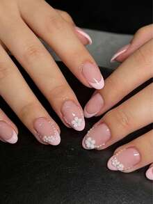 24pcs Neutral Short Oval Nail Stickers Set, Acrylic Material, Pink French Design With Detachable White Pearl & Flower Decor, Long-Lasting. Set Includes 1 Adhesive Sticker Sheet And 1 Mini Nail File, Suitable For Daily Wear. Press On Nails - Baby Pink - View 2