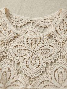 女士夏季波西米亚风镂空蕾丝衬衫 | 宽松短袖沙滩衬衫，适合度假、节日、度假村和音乐节穿着 - 杏色 - 查看 7