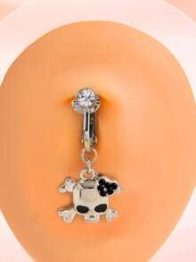 1 pieza Anillo de ombligo falso con colgante de calavera de diamante de imitación, joyería corporal sin perforación adecuada para mujeres, uso diario y fiesta de Halloween - pinza para el ombligo - Ver 6