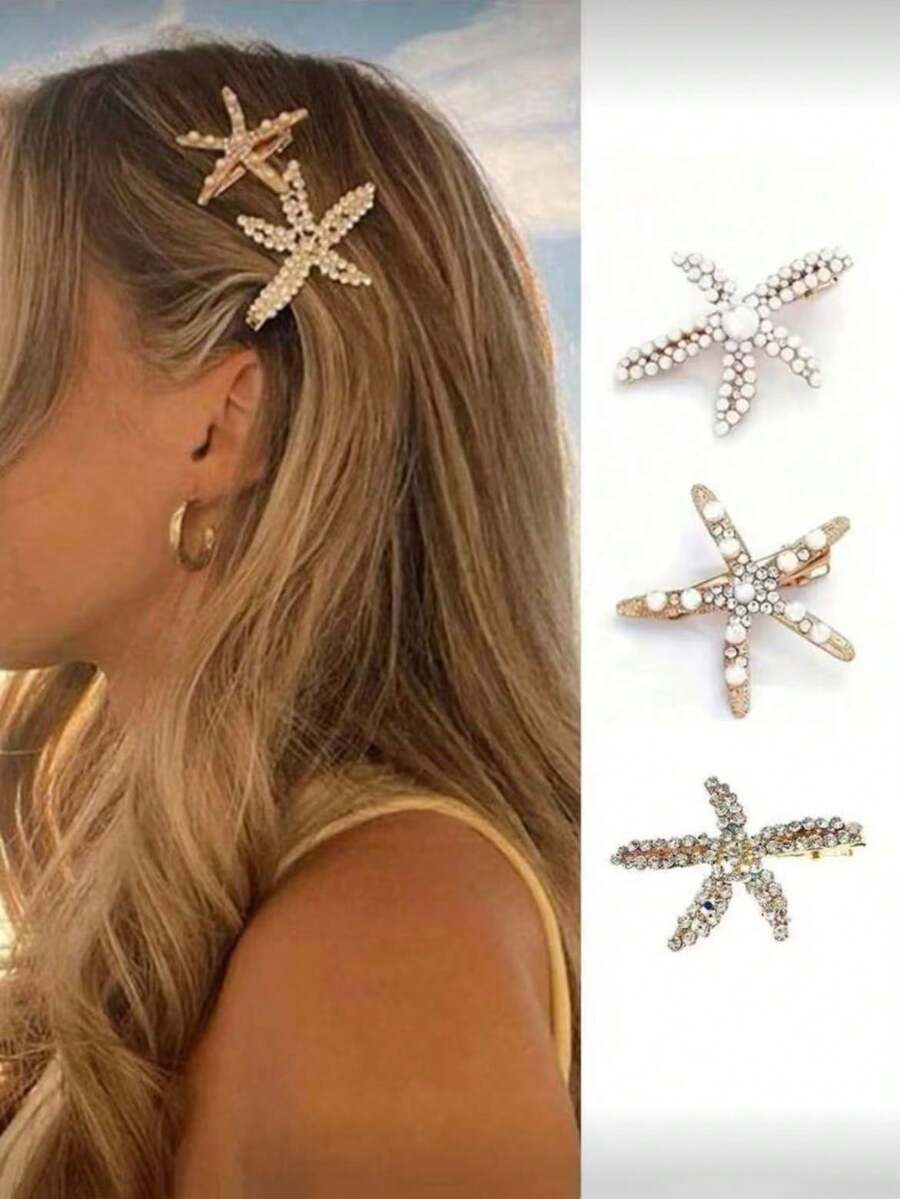 3pcs Vintage Faux Pearl Decorated Star-Shaped Hair Clips, Unique Design, Suitable For Girls' Daily Wear, Head Accessory, Girls' Hair Clips, Claw Clips - Multicolor - View 1