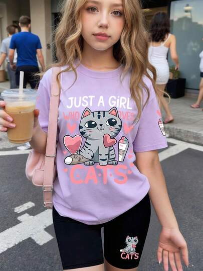 少女可爱小猫爱心字母图案印花圆领短袖T恤+可爱小猫图案印花紧身短裤春夏新款套装