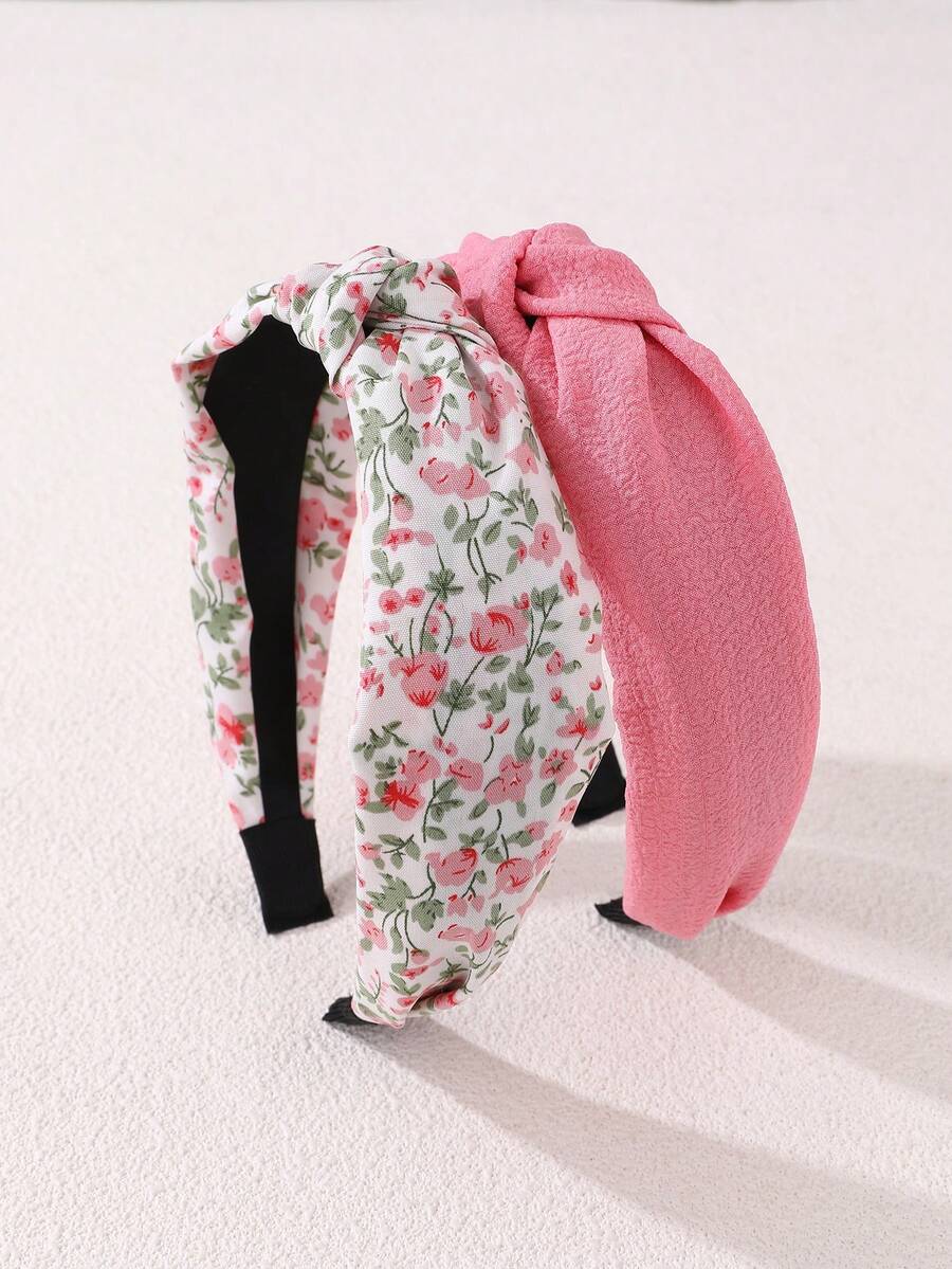 2条装女士简约粉色印花发带，适合日常、春夏、海滩/度假佩戴，可搭配发箍。 - 粉色 - 查看 1