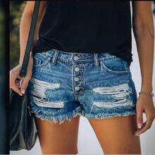 2026 Women Denim Shorts High Waist Ripped Jeans With Tassel Decoration Straight Buttons European American Style Summer Casual Fashion - Xám - Xem 5