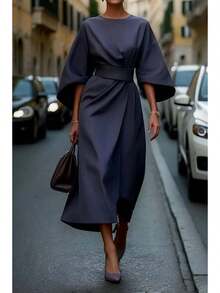2026 Women S European American Fashion Elegant Solid Color Waist Cinching Bat Sleeve Long Dress Casual Party Work Office Dresses - 藏青色 - 查看 12