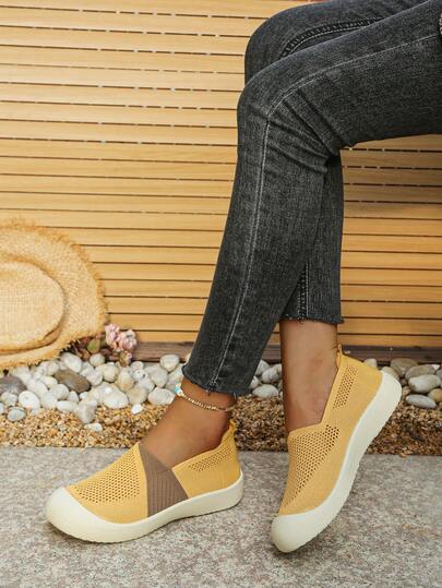 夏季针织网面透气女鞋，撞色套脚休闲鞋，软底妈妈鞋