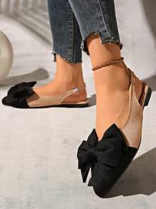Sandal đế bằng nữ, thiết kế nơ xinh xắn, đa năng cho mùa hè, kiểu dáng thanh lịch Pháp với mũi nhọn, phối màu độc đáo, thích hợp cho tiệc tùng và kỳ nghỉ biển, món đồ thiết yếu cho mùa xuân/hè. - màu đen - Xem 4