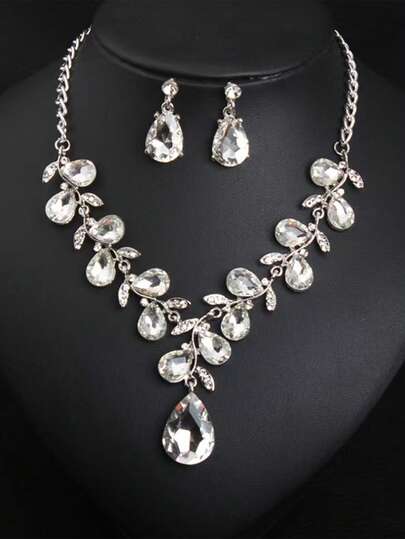 Bộ 3 món dây chuyền và bông tai đính đá giả ngọc hình giọt nước thời trang mới, phụ kiện váy cưới và dự tiệc.