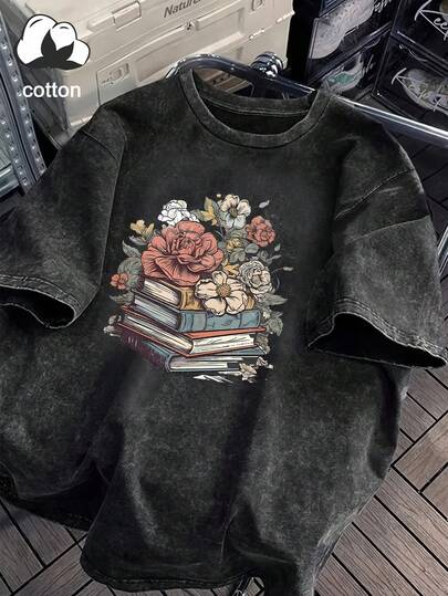 Plus Size Women's Casual Short Sleeve T-Shirt With Book Stack Graphic, Vintage Book Spine Decor, Reading & Storytelling Themed, Suitable For Valentine's Day, Back To School, Summer, Summer Clothing, Summer Apparel, Summer Vacation Wear, Women's Summer Tops