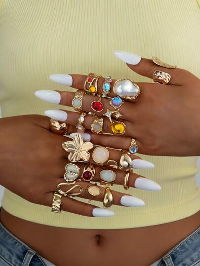 23pcs Women's Gold Tone Ring Set, Fashionable Minimalist Elegant Vintage Design, Colorful Resin Textured Chunky Heart Shaped Rings, Suitable For Holiday, Party, Date, Daily Wear