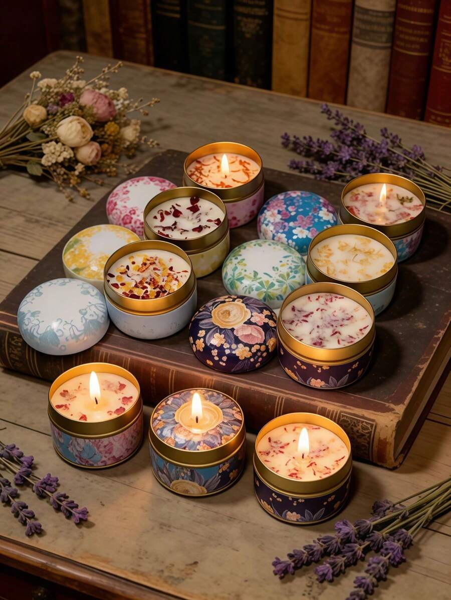 1 nến hộp thiếc kiểu Trung Quốc với hoa khô, nến thơm hương cánh hoa khô. Sản phẩm trang trí này với hương thơm dịu nhẹ có thể là một sản phẩm nến cao cấp, độc đáo, thích hợp làm quà tặng sinh nhật hoặc trang trí nhà cửa. - Nhiều màu - Xem 1