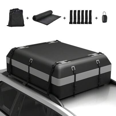  COSTWAY Waterproof Rooftop Cargo Carrier Bag, 21 Cubic Feet Car Topper Luggage Carrier For All Vehicles With/Without Rack, Includes Anti-Slip Mat, Luggage Lock, 10 Reinforced Straps, 6 Door Hooks, Drawstring Bag, Grey