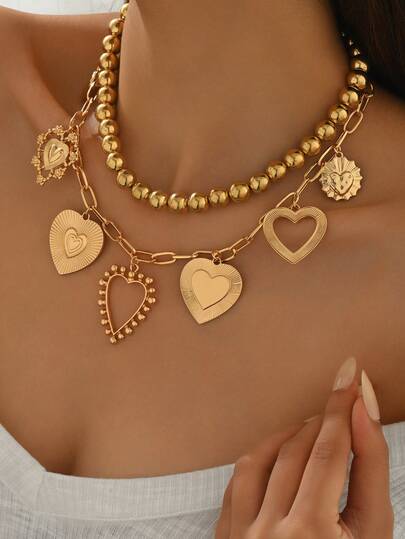 2pcs/Set Vintage Gold Heart Pendant Necklace, Elegant High-End Necklace For Collarbone & Neck, Suitable For Daily Wear, Dates, Parties, Music Festivals. Chain Length Can Be Cut According To Preference, Bead & Chain Quantity May Vary.