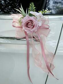 Hochzeitsauto Rückspiegel Blumen Dekoration, Hochzeitsauto Türgriff Satinband Schleifen Blumen Dekoration - 1PC - Übersicht 3
